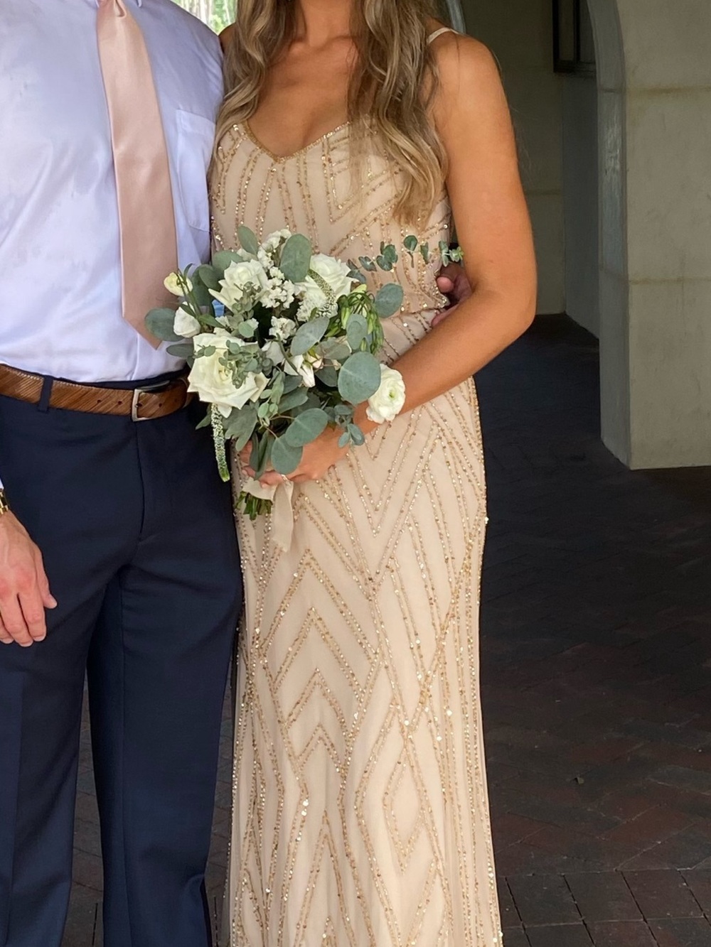 Adrianna Papell Champagne Beaded Maxi Dress